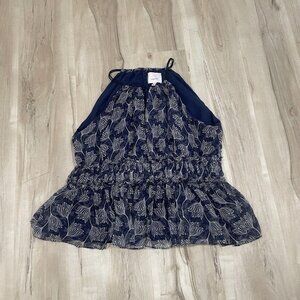 CINQ A SEPT SILK BLOUSE‎ NAVY W GRAY BLOSSOMS S